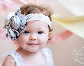 Couture Baby Flower Headband, Baby Headband, Infant Headband, Photo Prop, Headband / Silver Gray and White Hand Singed Headband