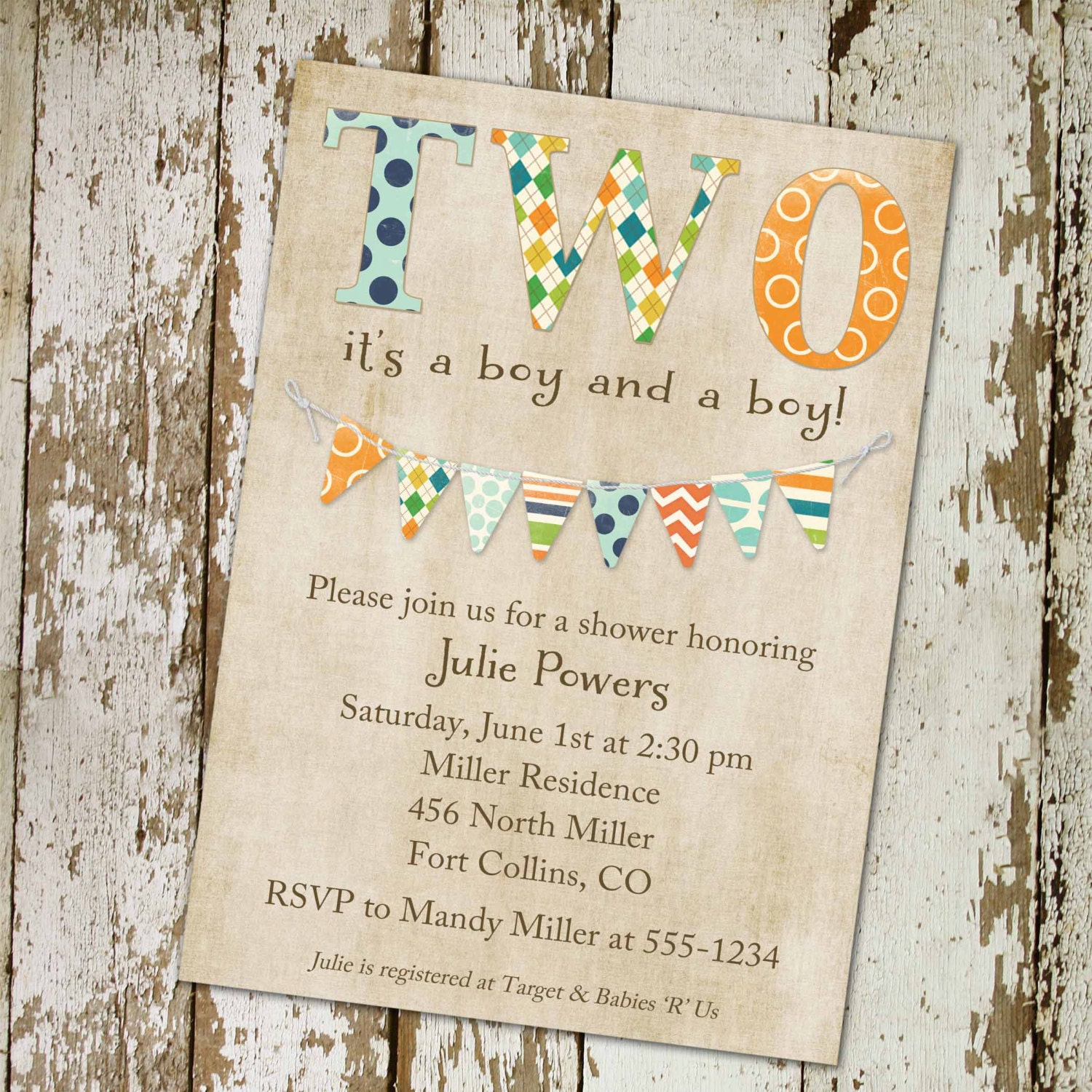 twins baby shower invitations shabby chic style for two boys, DIY Printable (item157)