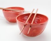 Pair of Wheel Thrown Rice or Noodle Bowls with Mahogany Chop Sticks in Cranberry Red
