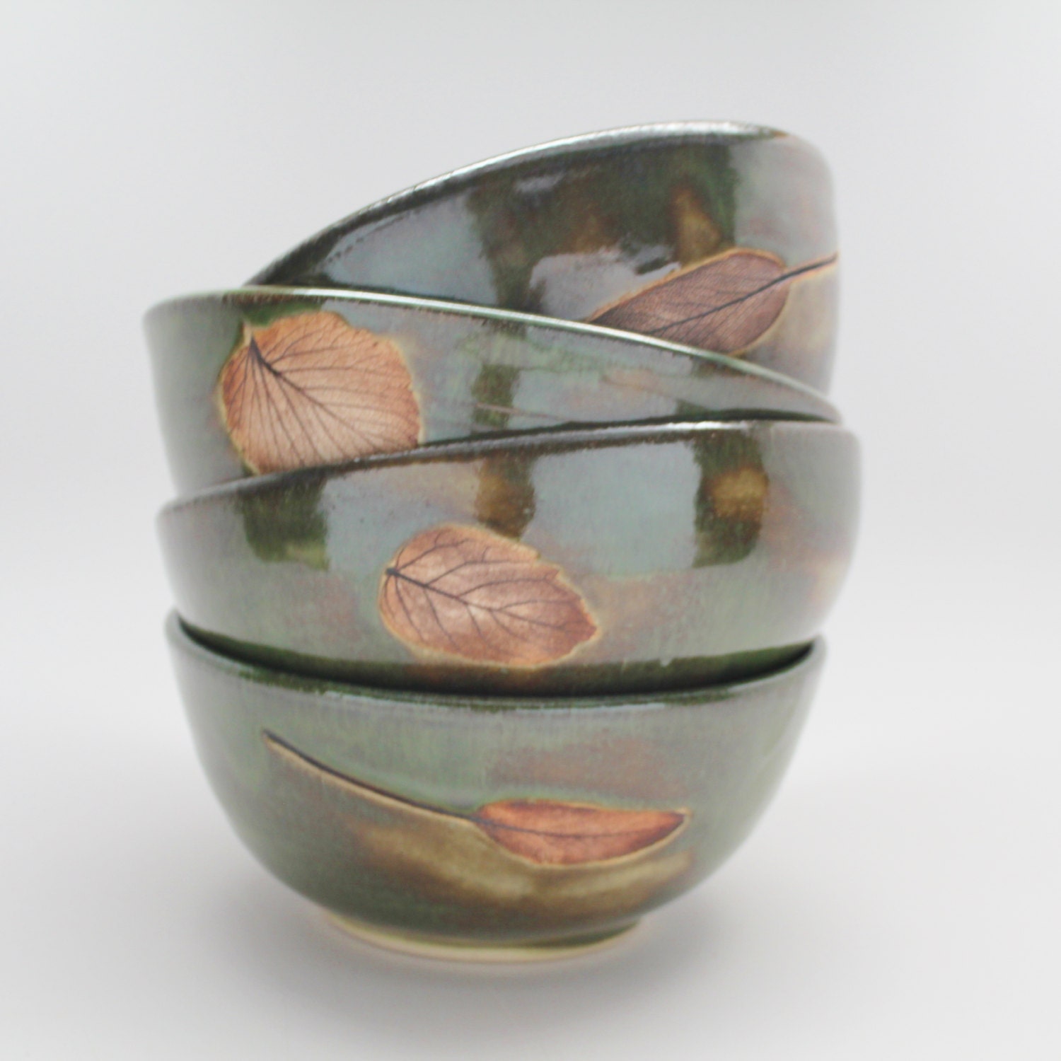 Set of Four, Hand Crafted, Nature Themed Stoneware Bowls
