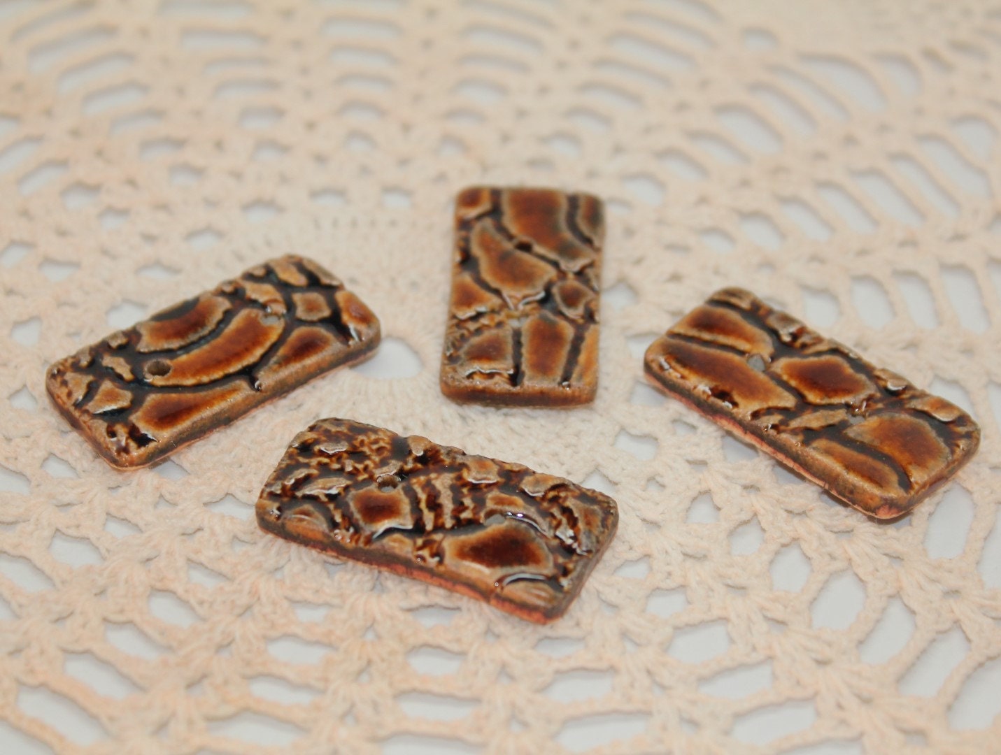 Four, Honey Amber, Rectangle, Crocheted Lace textured, Stoneware Buttons