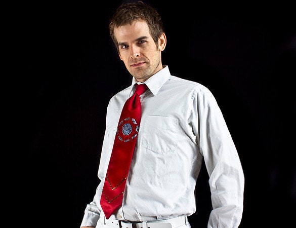 The No Assembly Required Tie: Red Necktie with Gold And Metallic Blue Swarovski Rhinestones