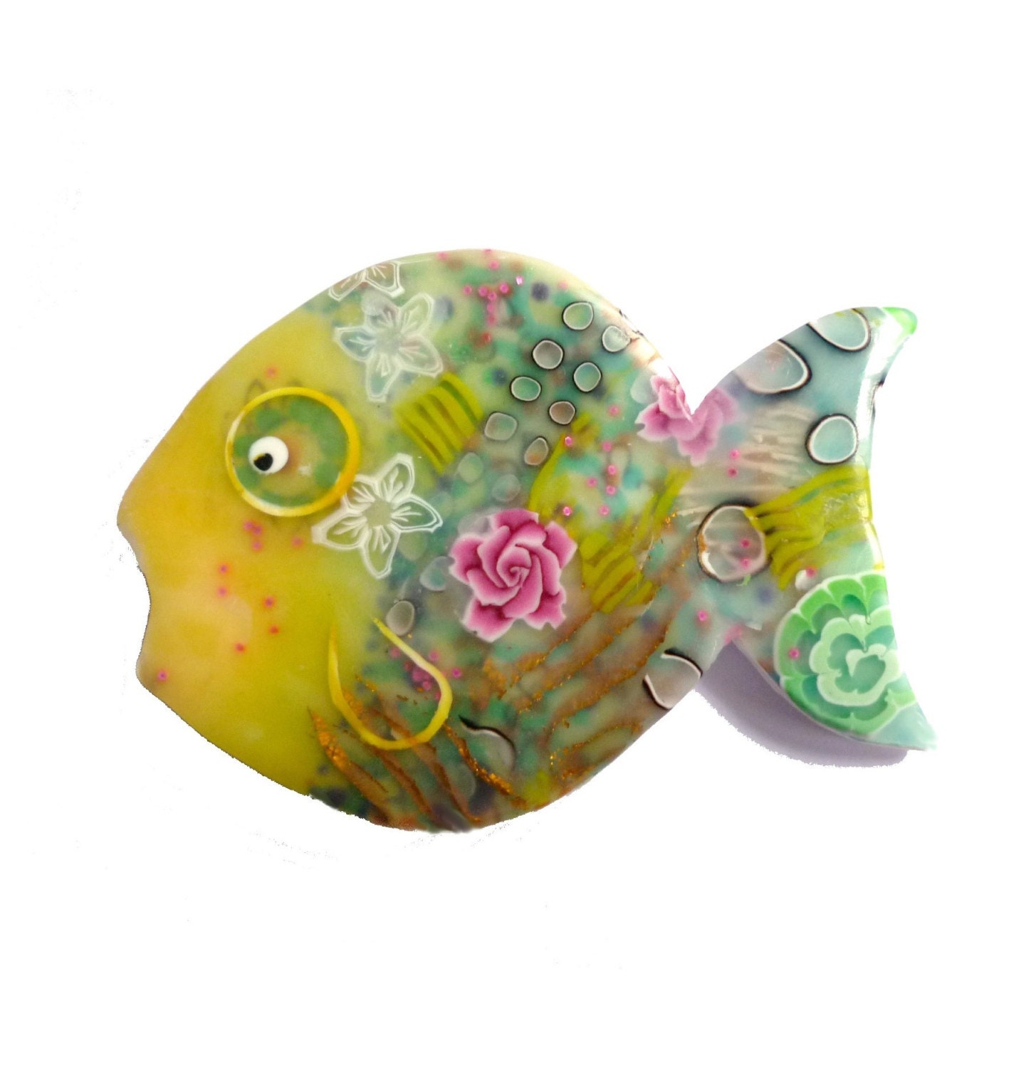 Brooch - ANDREAS the FISH - one of a kind - polymer clay - with pink ROSES - Chifonie