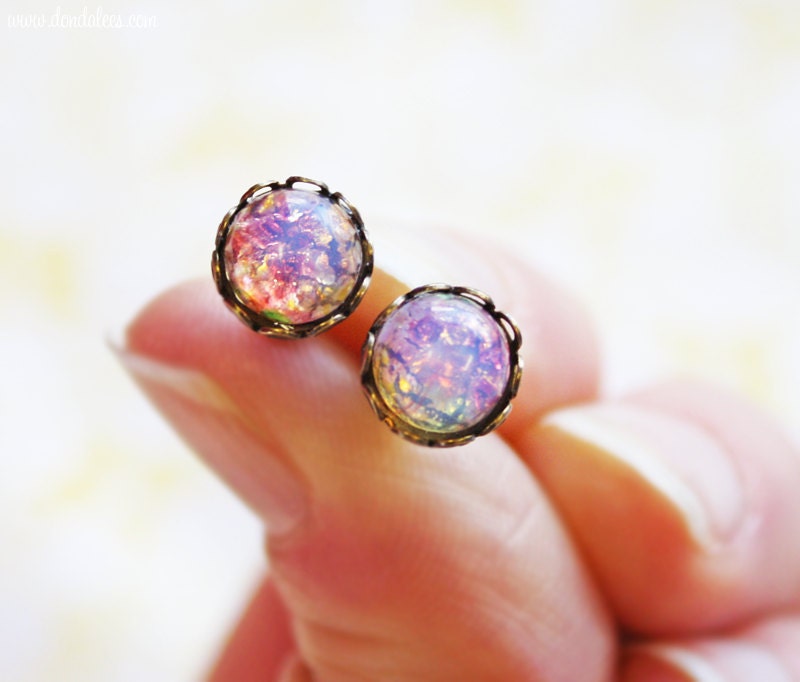Vintage Pink Opal Earrings- Dainty Glass Opal Ear Posts