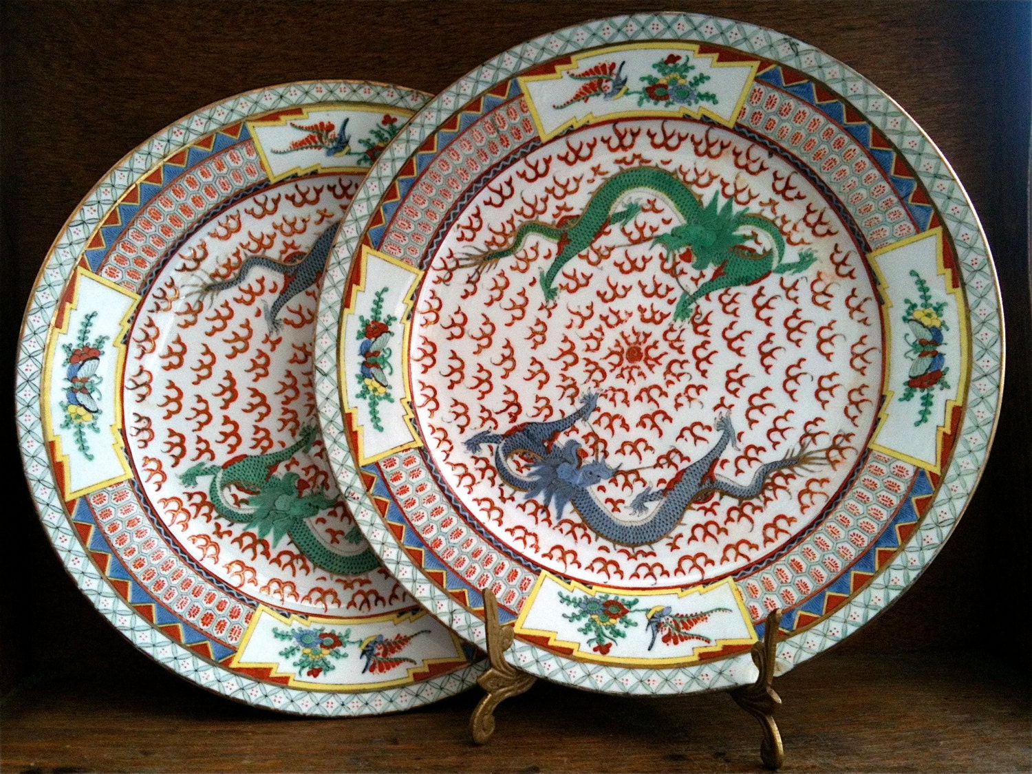 Vintage Chinese Water and Earth Dragon Plate, Set of 2