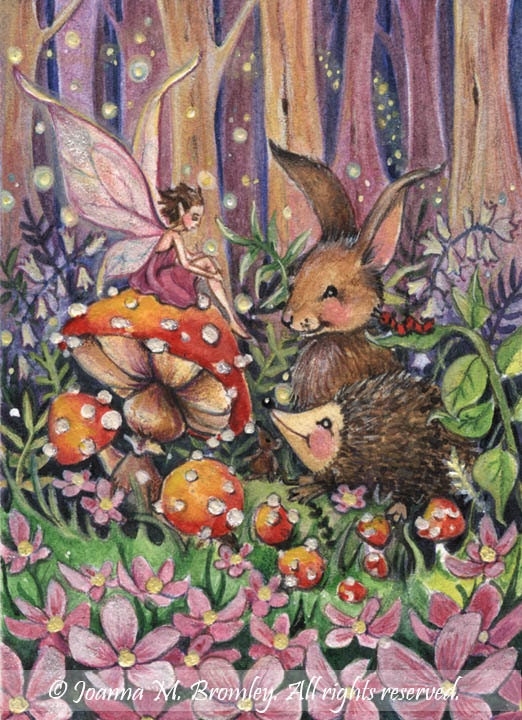 ACEO, Little Rosey & Friends, Limited Edition print, embellished, whimsical bunny fairy hedghog animal art