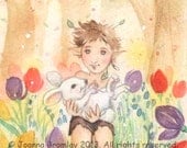 ACEO "Elf & WHite Bunny"-Original whimiscal Spring Easter fantasy Elf bunny watercolour painting