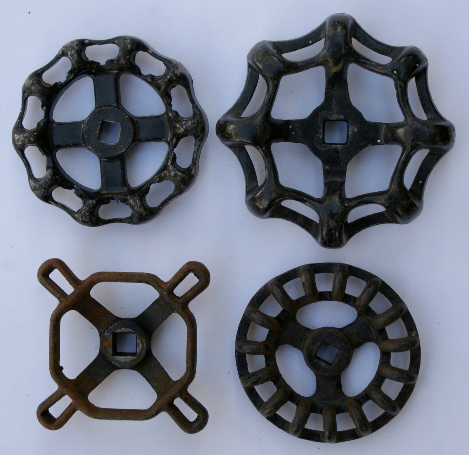 Free Shipping- Black Vintage Industrial Sampler- 4  Awesome Vintage Valve Handles-Rustic and Rugged-Great Rare Batch