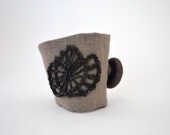 taupe brown wrist cuff - linen and cotton - black vintage trim - textile bracelet - mothers day gift