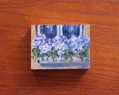 Window with Lilac Hydrangeas  mini original painting on wood panel 3 x 4 ''