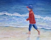 Beach Boy Red Surf Child Watercolor Painting Art Print, Etsy, Ocean Water Seashore, Reproduction of Original, Barbara Rosenzweig, Decor