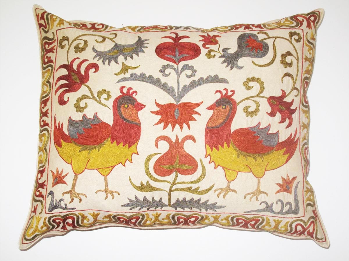 Beautiful silk handmade Sahrisyabs  bird  flowers pattern Suzani  large Pillow Cover 19.5"x19.5" inch