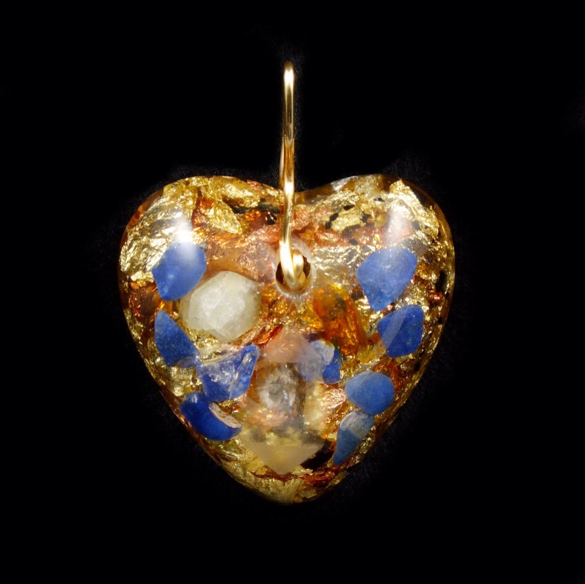 Orgone Energy Generator Heart Pendant withTibetan Double Terminated Crystal, Lapiz Lazuli, Amber, Rhodizite,  Phenacite  & Gold Leaf (223)