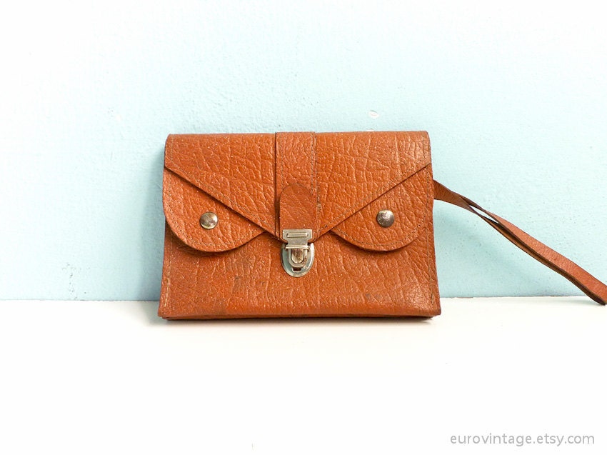 Vintage 70s Wrist Bag Men Wallet  Brown Orange Leather Clutch