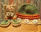 Buggs -  NEW Crochet Girl's Flowered Brim Bucket Hat and Coordinating Booties in Fern,Cream, and Papaya