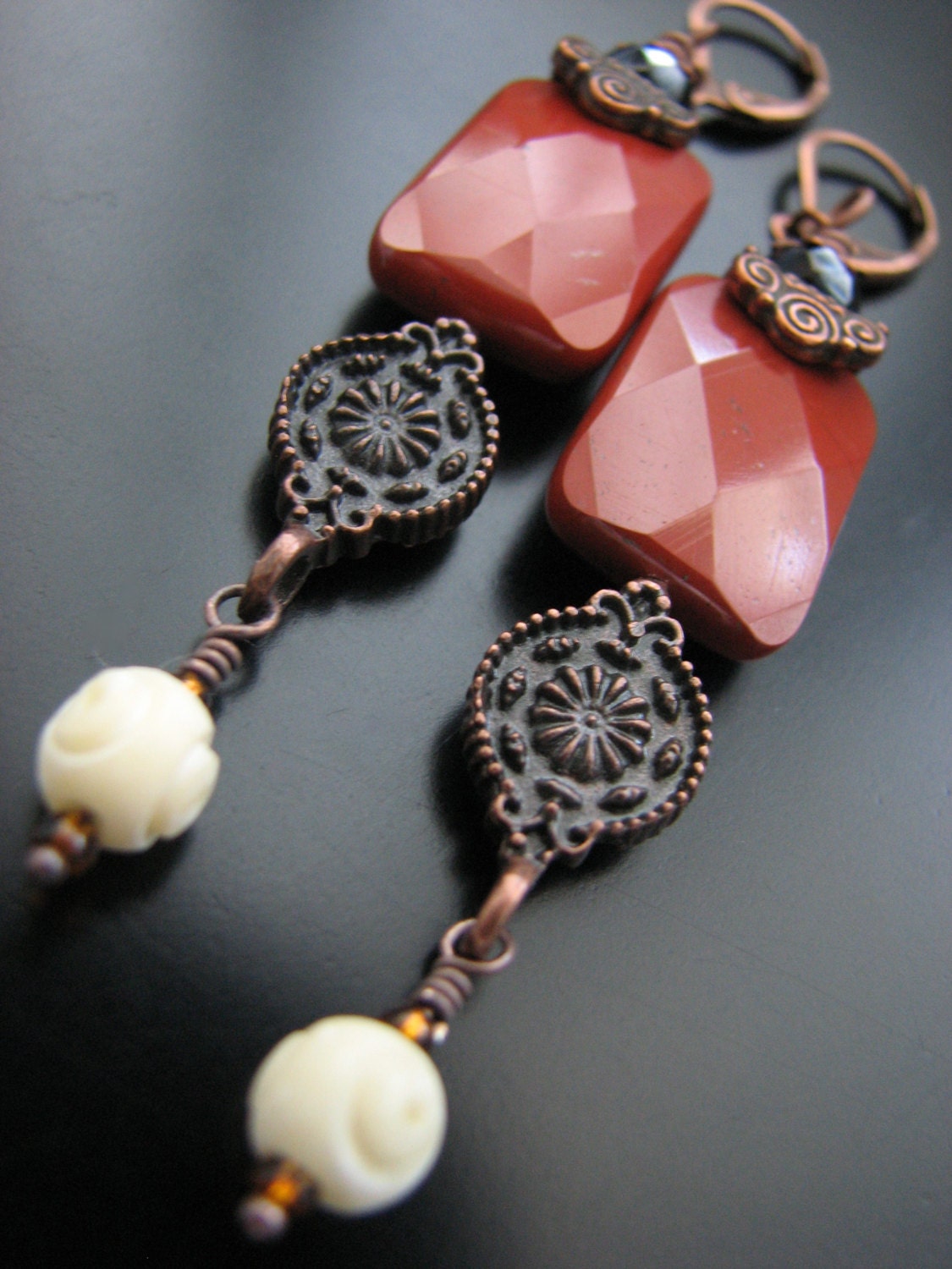 Red Jasper Stone Copper Accent Fancy Earwire and Czech Fire Polished Glass Earrings Ethnic