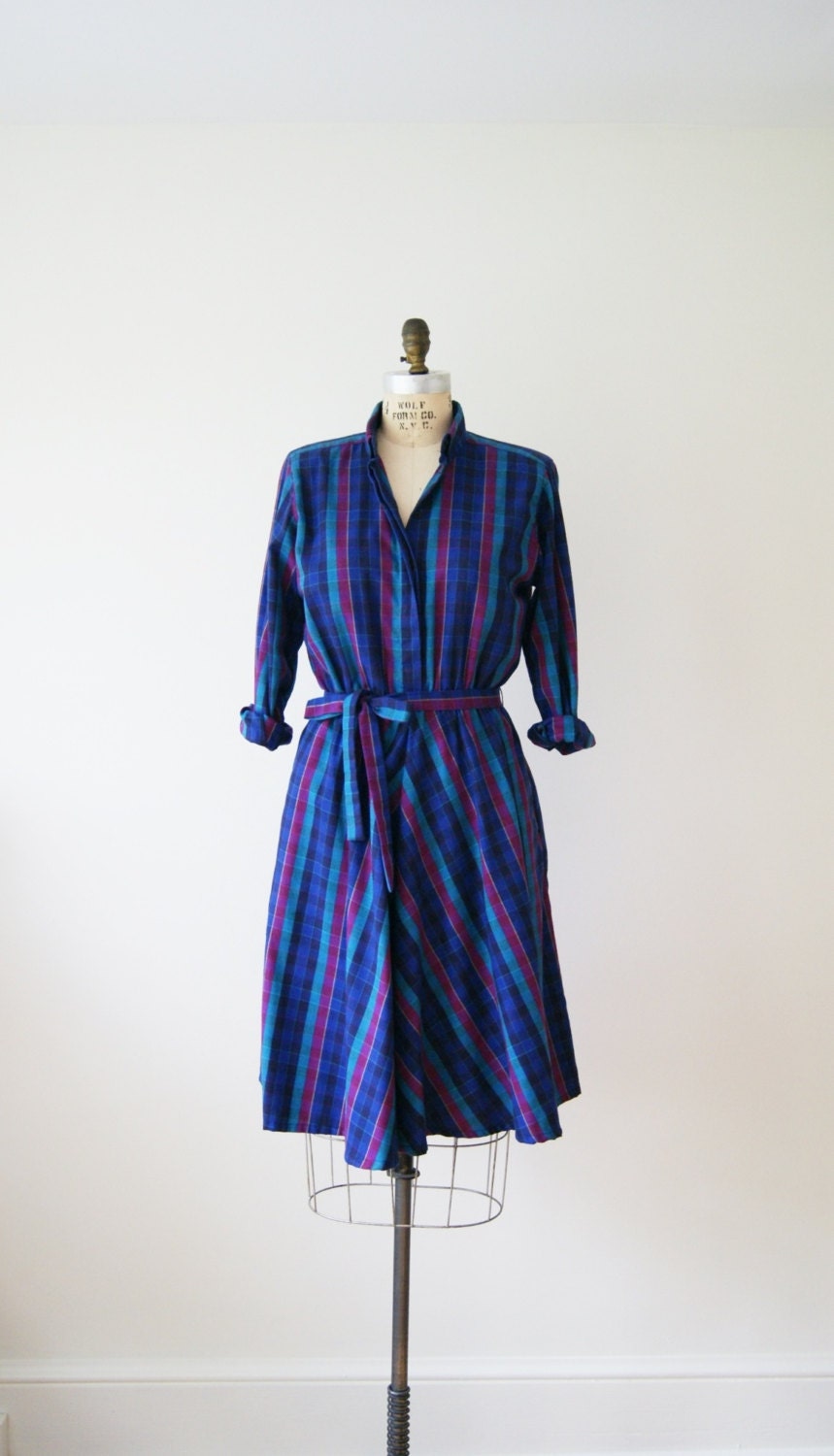 Blue Plaid Shirt Dress. Vintage Flannel Shirtwaist Dress. 80s Button Front Shirt Dress. Small / Medium.
