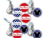 CANDY STICKERS - Personalized Mickey Mouse Inspired Birthday or Baby Shower Hershey Kisses - Red White Blue Dots- Kiss Sticker - Boy