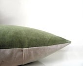 Green pillow: green velvet pillow in moss green and natural linen, eco friendly modern home decor, decorative pillow cover