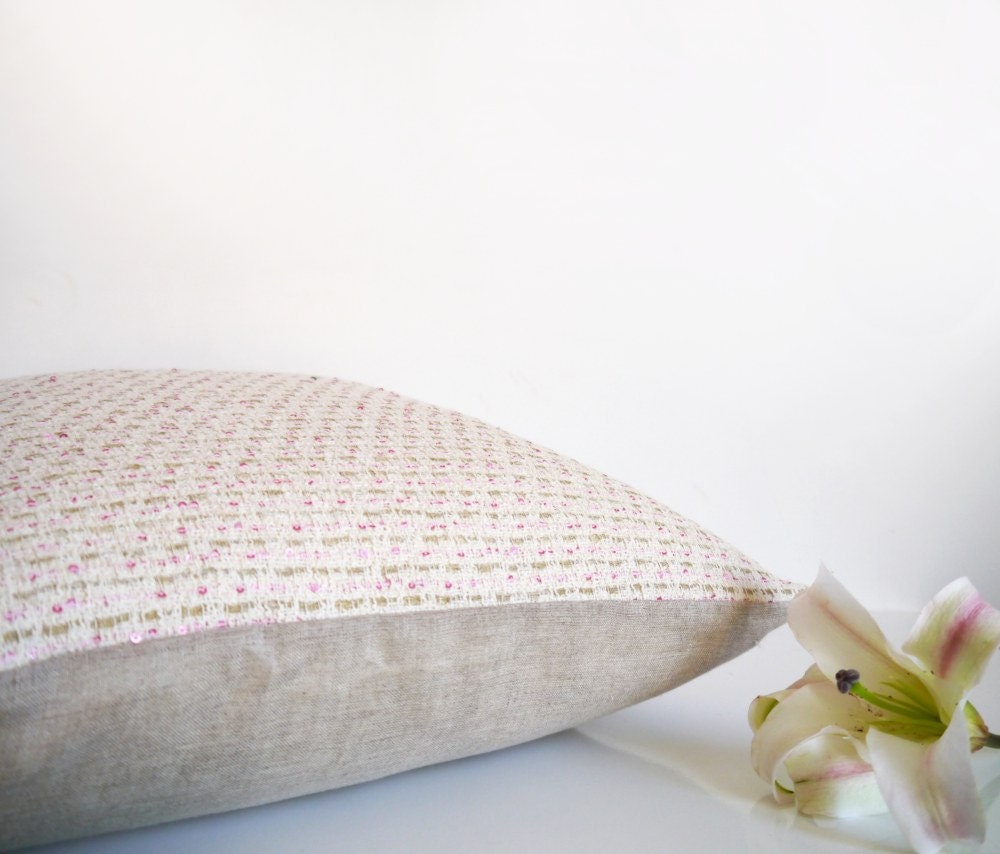 Decorative throw pillow in cream, gold and pink sequins, Italian designer fabric, bohemian pillow, cushion cover