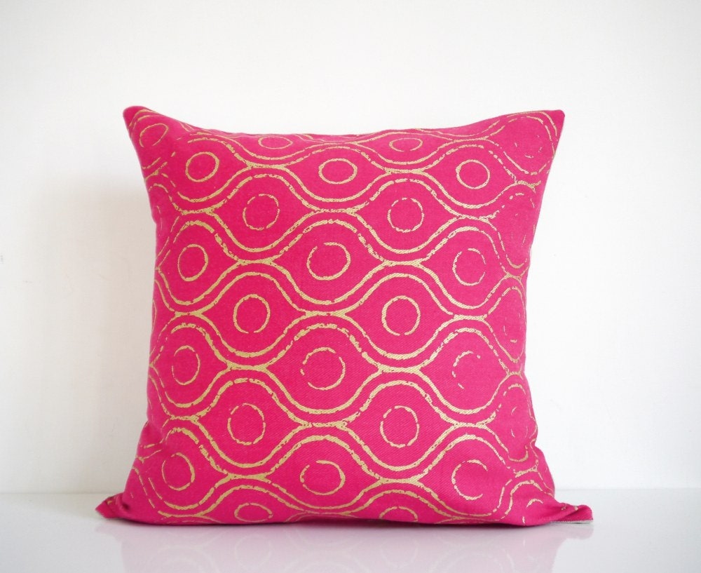 Pink throw pillow - metallic gold print on pink denim, bohemian pillow, hot pink pillow, organic cotton