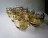 Culver Ltd. embossed set of old fashion cocktail gold and green roly poly Eames Era inspired glasses