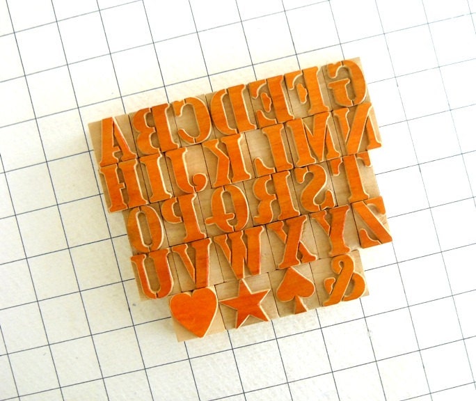 A to Z -Stencil Font Letterpress Wooden Letters Set with Star,  Spade & Heart blocks- 30 pc.  Kit for Printing - DIY - MV42