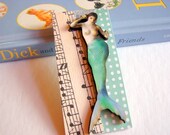 3D Brooch - Mermaid Pin Badge - Lg Chipboard Paper And Wood Decoupage Collage - Aqua Blue Musical Notes