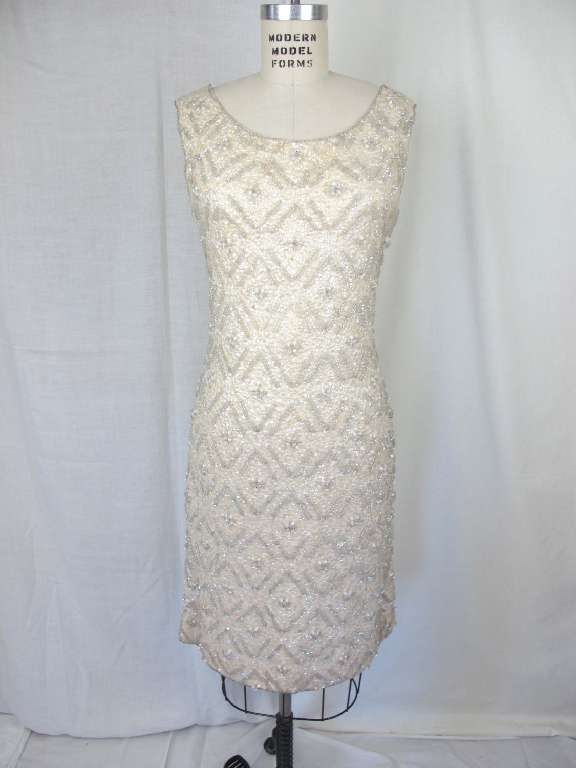 1950s White Sequin Beaded Knit Cocktail Wedding Dress