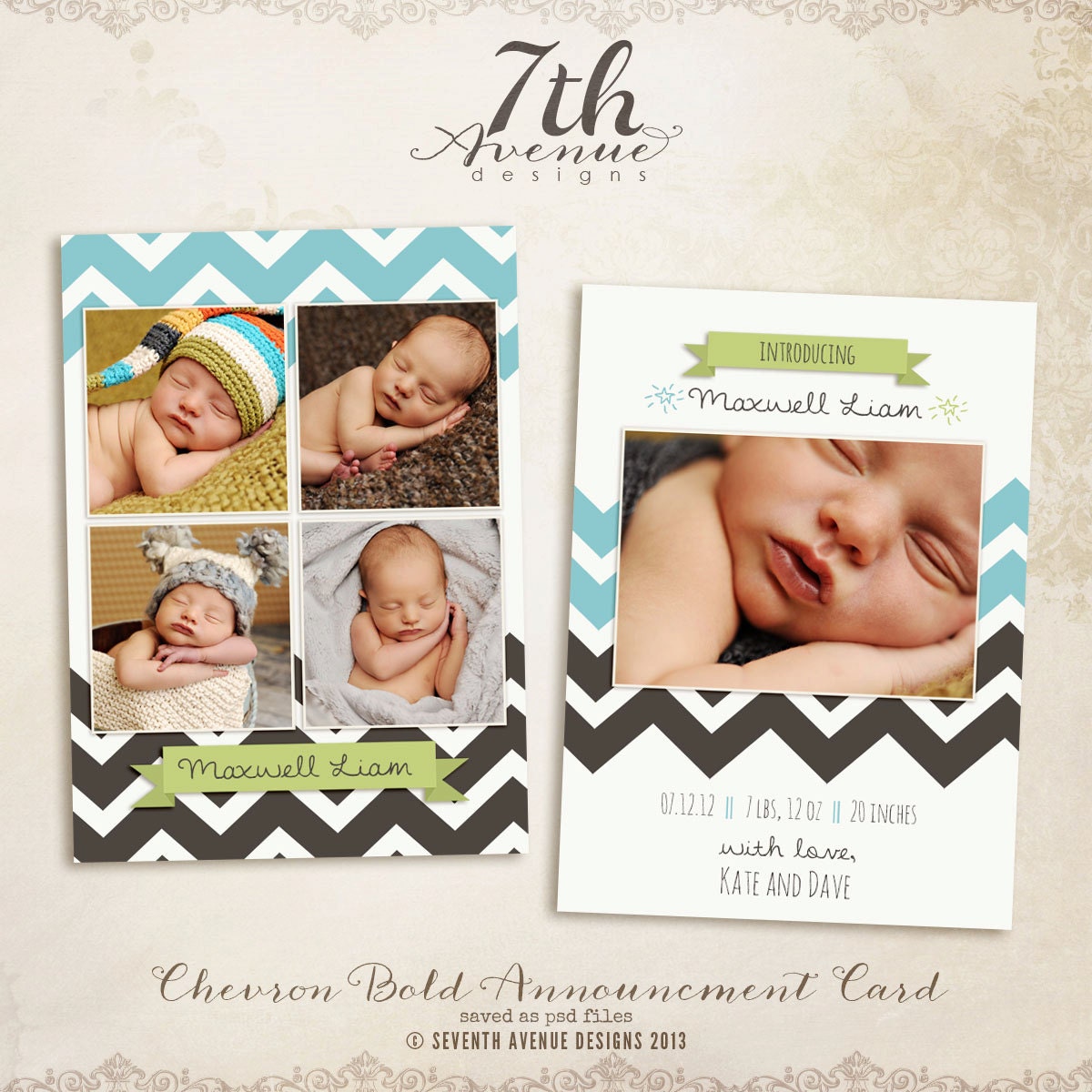 INSTANT DOWNLOAD -- Bold Chevron 5x7" Birth Announcement photo templates
