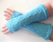Spring Wool Gauntlets - Aqua - Texting Gloves - Upcycled Wrist Warmers Arm Warmers Eco Friendly