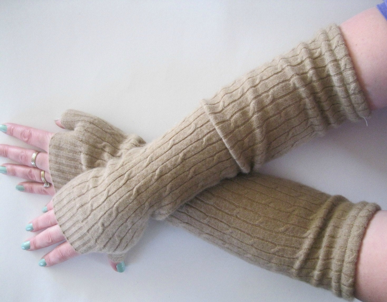 Khaki Cashmere Fingerless Gloves - Texting Gloves Arm Warmers : Upcycled Recycled Repurposed Eco Friendly