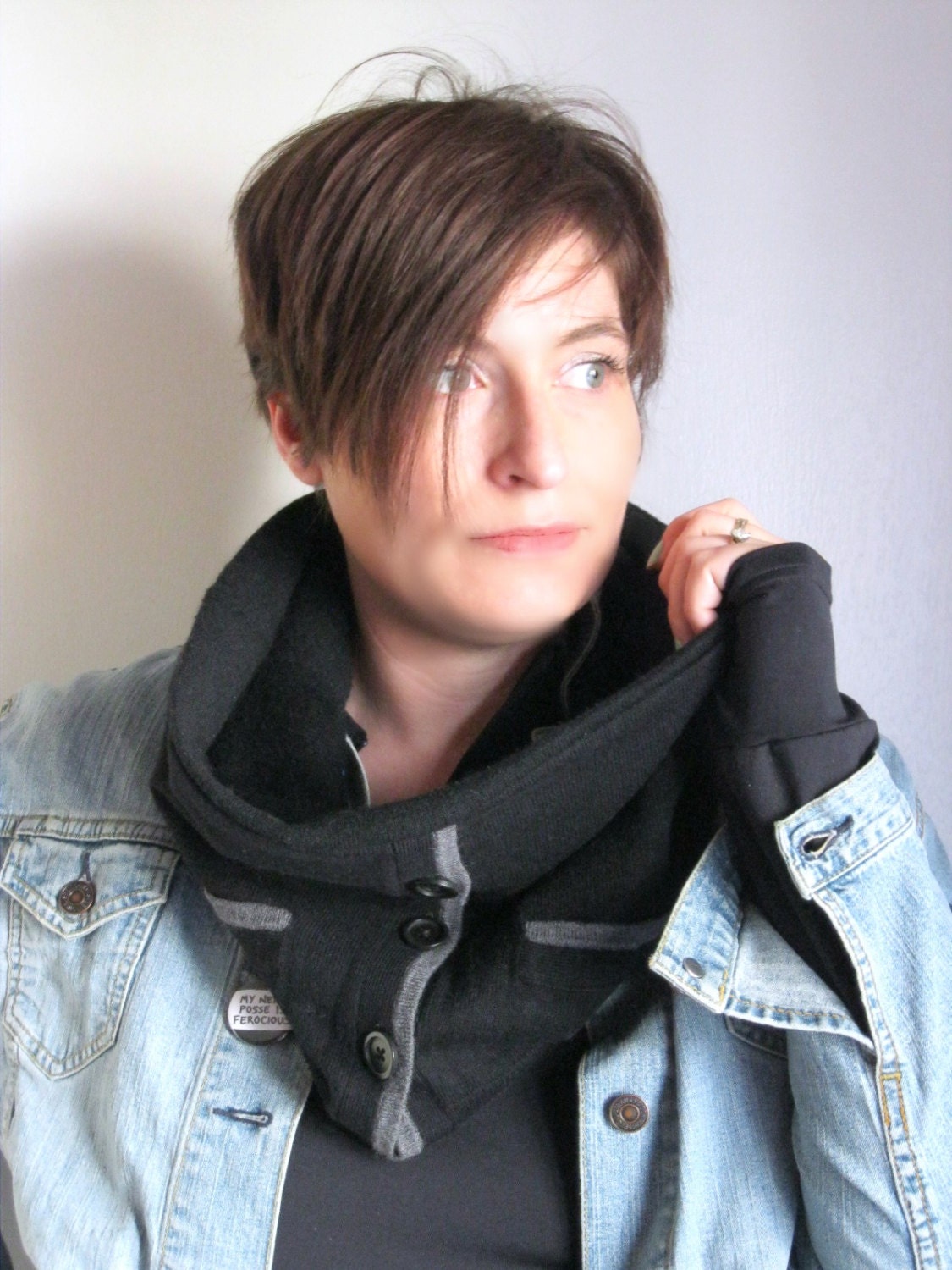Black and Gray Infinity Scarf in Cotton and Cashmere Snood   : Upcycled Recycled Repurposed Eco Friendly
