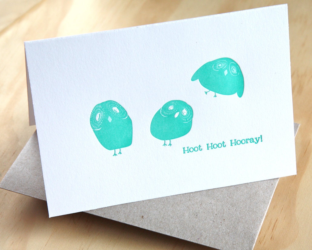 Cute Owl letterpress birthday card in turquoise Hoot Hoot Hooray - quirky fun animal card. 100% cotton card, kraft envelope envelope