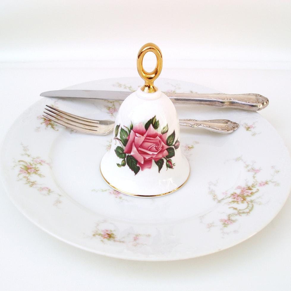 Fine Bone China, Dinner Bell, Pink Rose, Elegant Decor, Garden Wedding - Downton Abbey Style