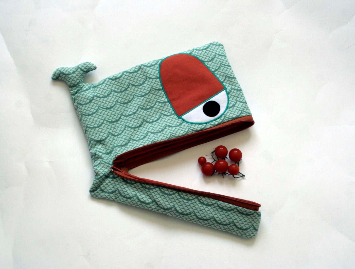 Wavy Whale IPad sleeve case in mint green and burnt orange, padded -ready to ship