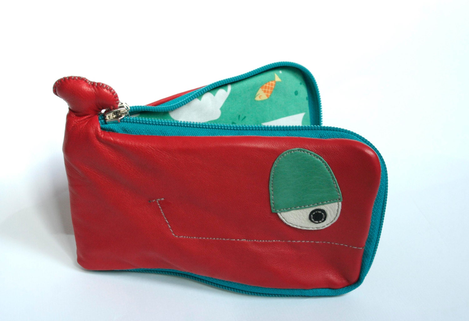 Red turquoise Whale large leather wallet, goldfish print inside, genuine leather and designer fabric -ooak- ready to ship