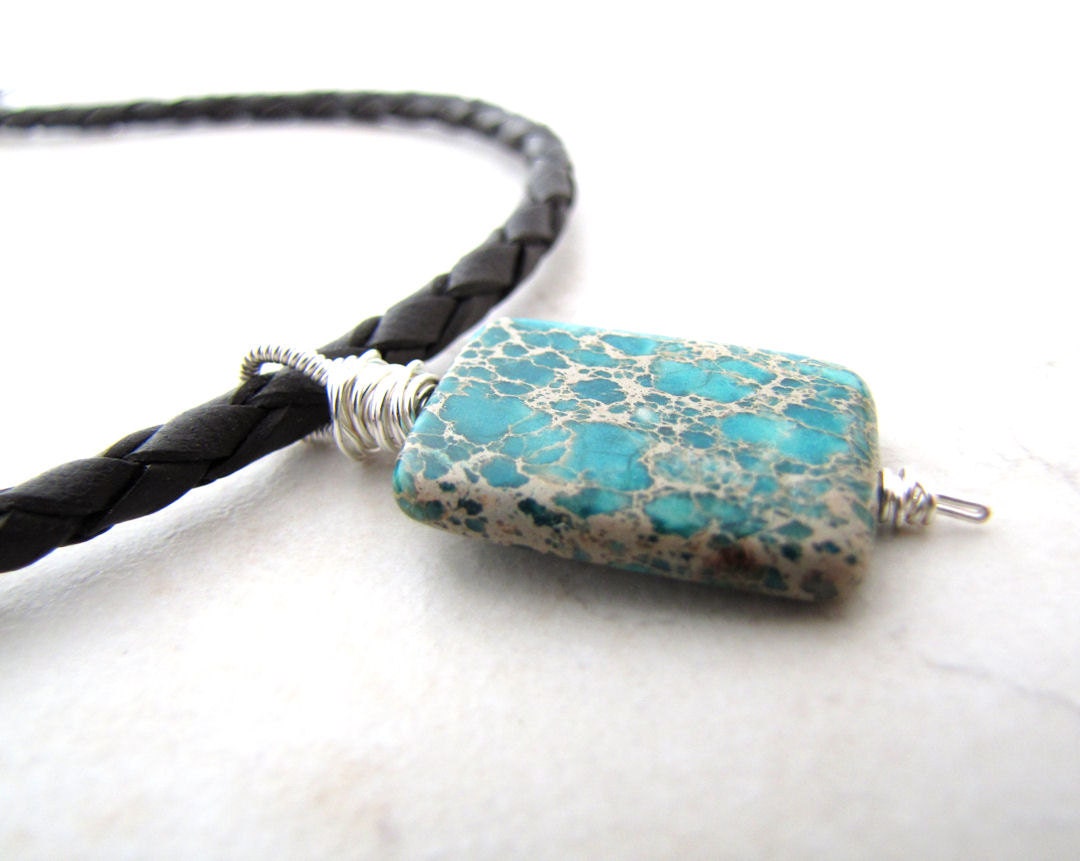 Mens Men's Necklace Gemstone Serpentine Unisex Green Turquoise Leather Necklace Blonde Beige New Jade BellinaCreations Bellina Creation