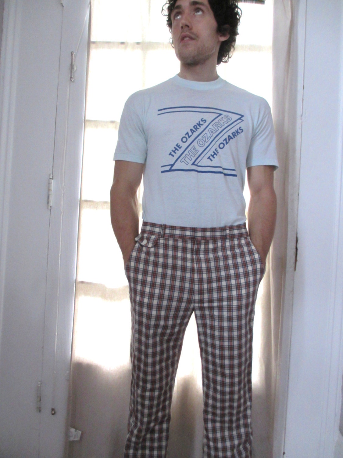 60s Vtg Men's Check Plaid Trousers Slacks 34 summer