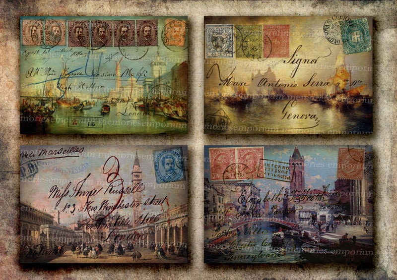 Shabby Chic Venice Postcards Canal Decoupage Italy Postage Stamps Handwriting Printable Digital Collage Sheet Instant Download 237