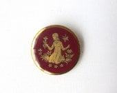 Vintage mid century romantic fairytale gold and deep red enamel brooch