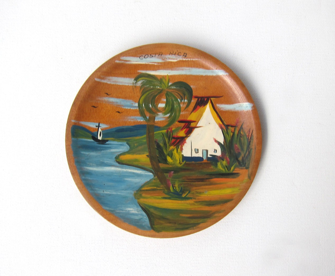 Vintage Costa Rica hand painted souvenir wooden plaque