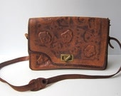 Vintage original hippie bohemian folk hand tooled tan leather shoulder bag