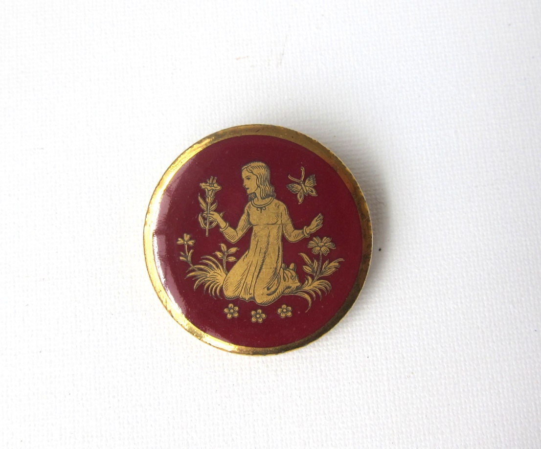 Vintage mid century romantic fairytale gold and deep red enamel brooch