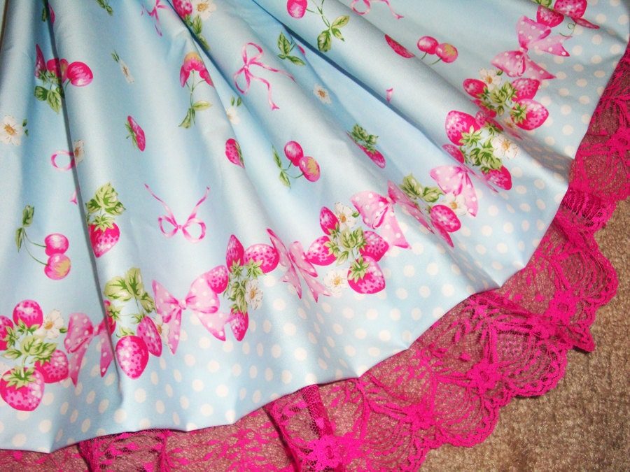 Sweet Strawberries, Cherries & Bows Blue Polka Dot Sweet Lolita Skirt - ANY SIZE