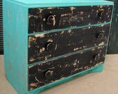 Vintage Farm Country Primitive Chippy Black Turquoise Milk Paint 3 Dr Chest of Drawers Dresser (MLD) Call for SHIP QUOTE.