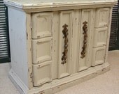 Vintage Heavy Distressed Primitive Reclaimed Bassett Mud Putty Gray Paint Chest Console Credenza Cupboard Chest (MLD) Call for SHIP QUOTE.