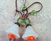 Whimsical Summer Sherbert Bell Flower Earrings - Creamy White Glass, Sage Beach Glass, Sherbert Orange, Copper