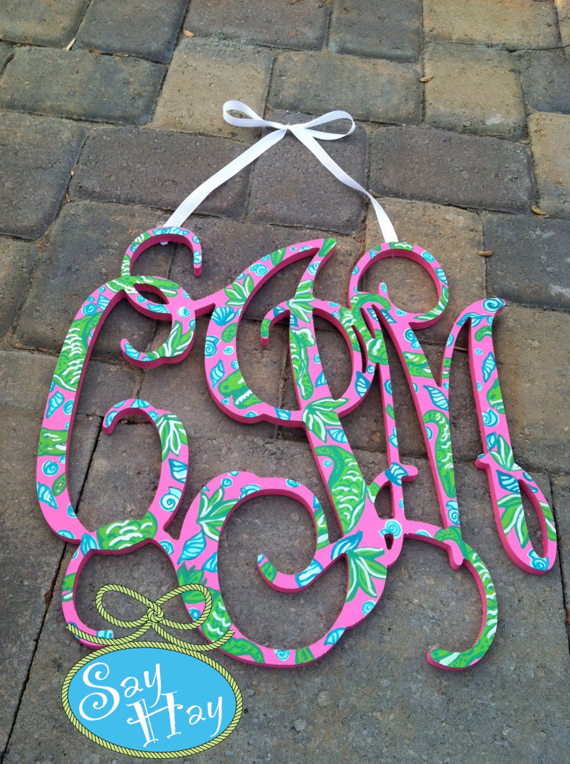 18" Interlocking Wooden Monogram Cutout Hand Painted In Personalized Print