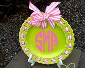 Monogram Ribbon Lime Green 9 inch Ceramic Plate Personalized